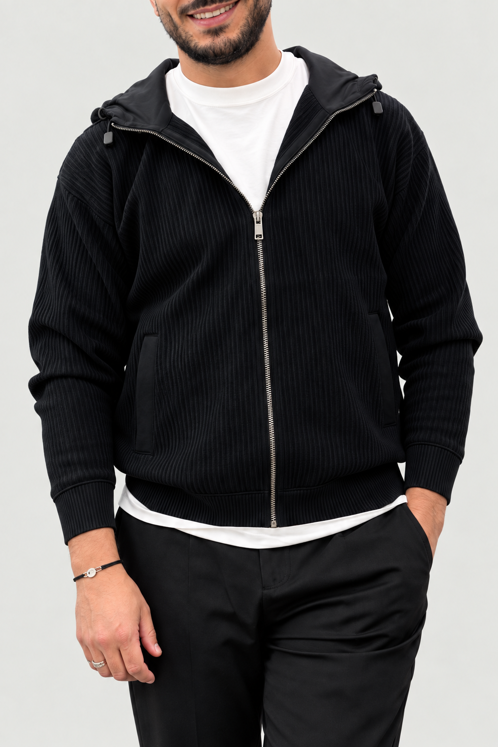 Veste zippée à capuche en maille côtelée