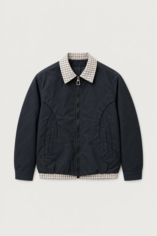 Blouson zippé col à carreaux noir – vue de face