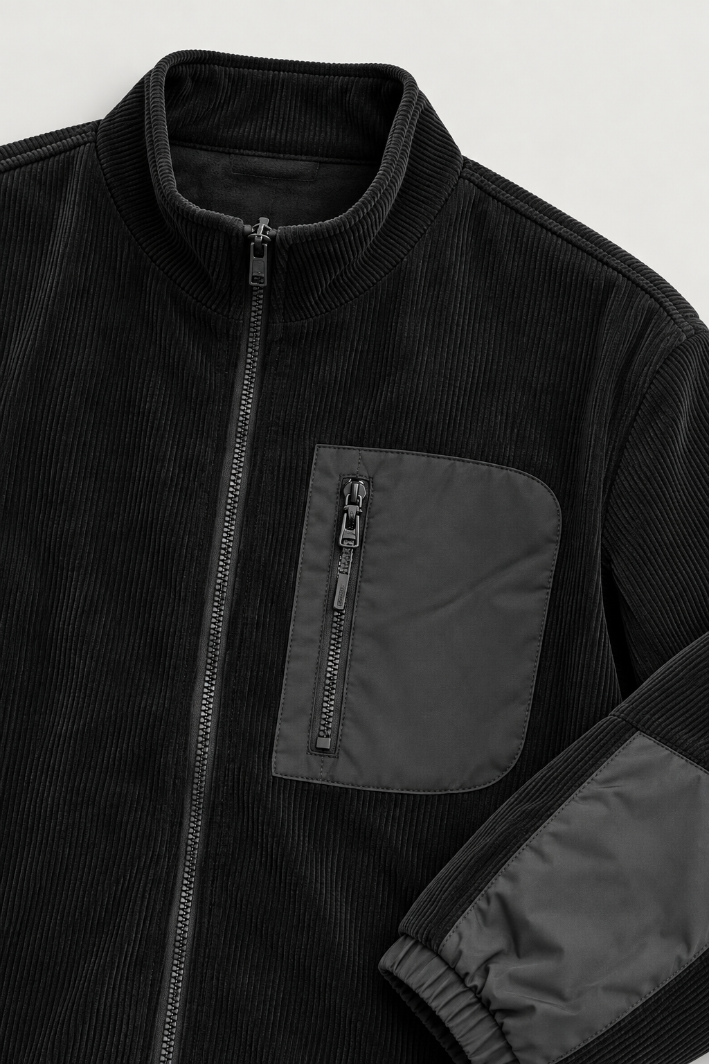 Veste zippée en velours côtelé noir – détail du velours