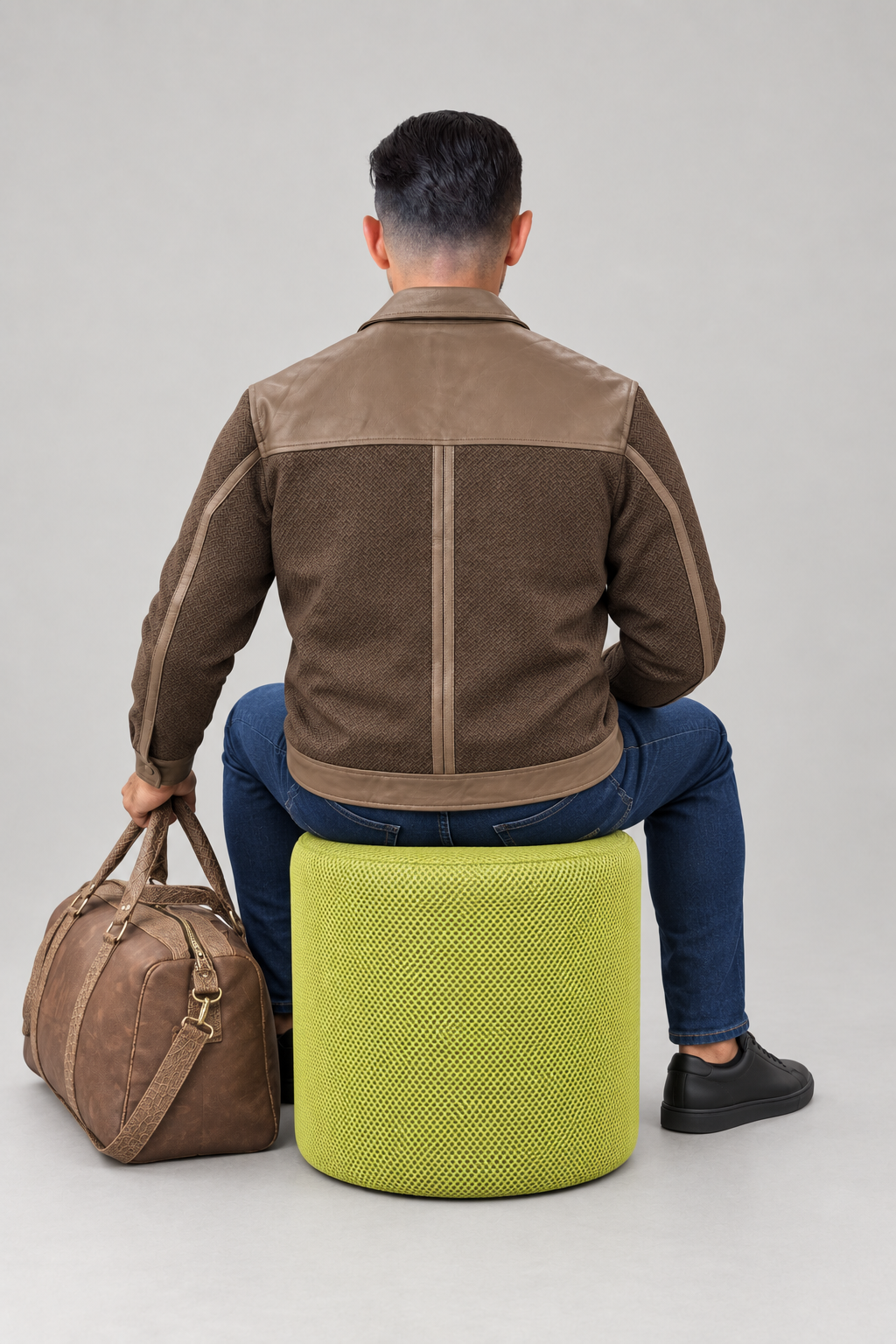 Veste bi-matière effet cuir marron portée – dos