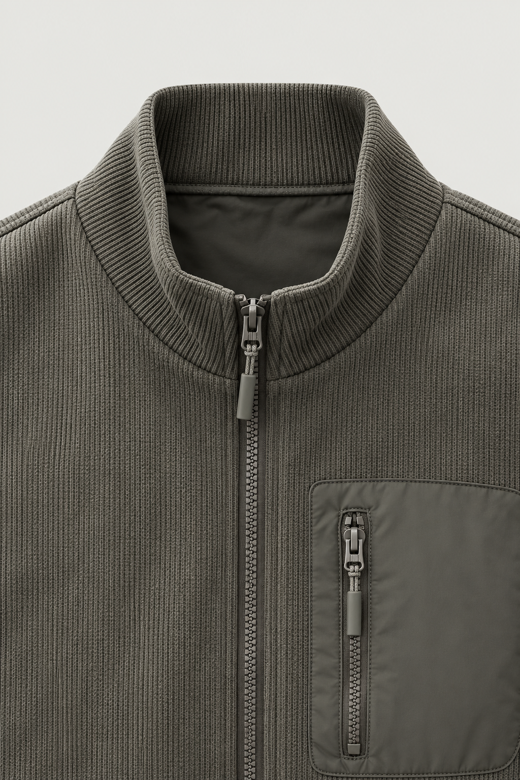 Veste zippée en velours côtelé kaki – détail du col