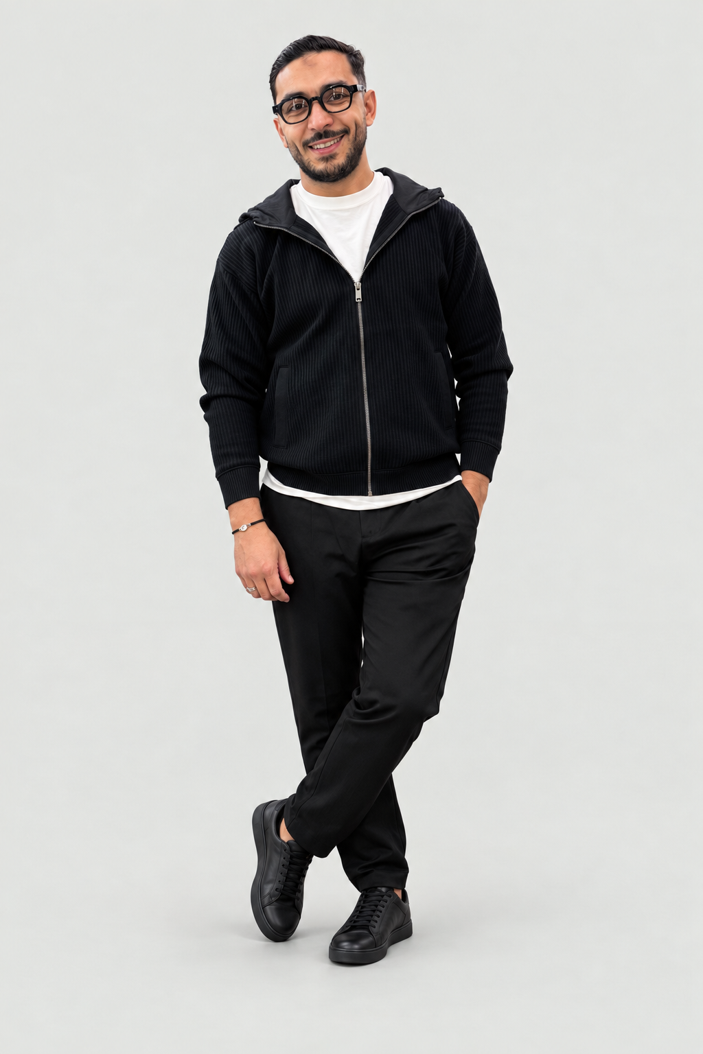 Veste zippée à capuche en maille côtelée