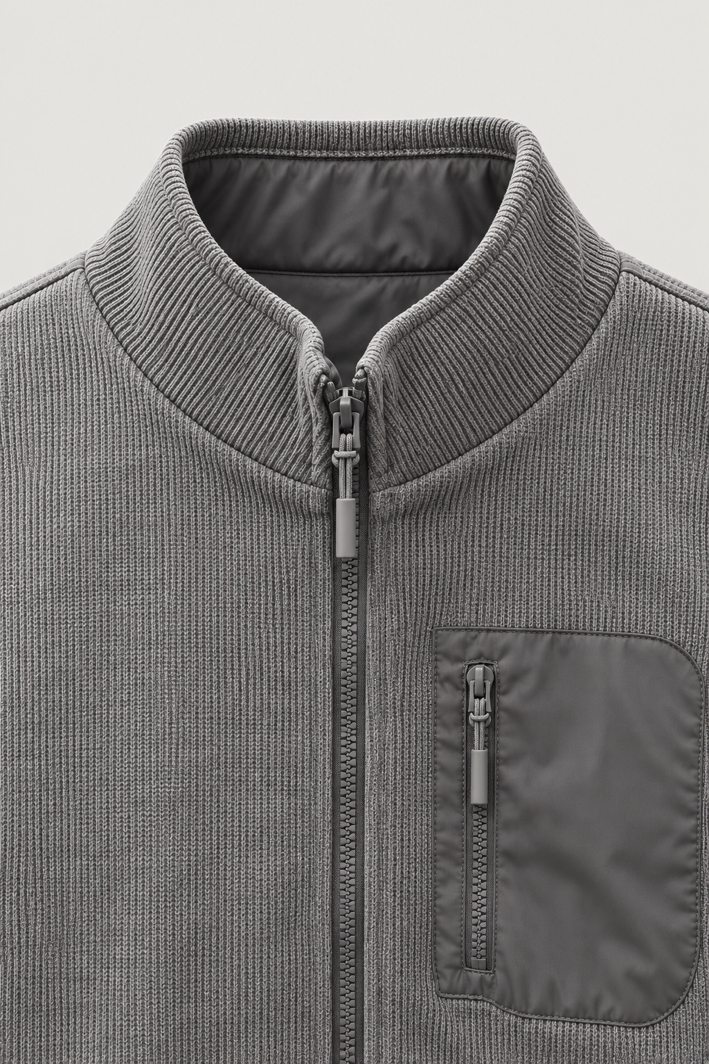 Veste zippée en velours côtelé grise – détail du col