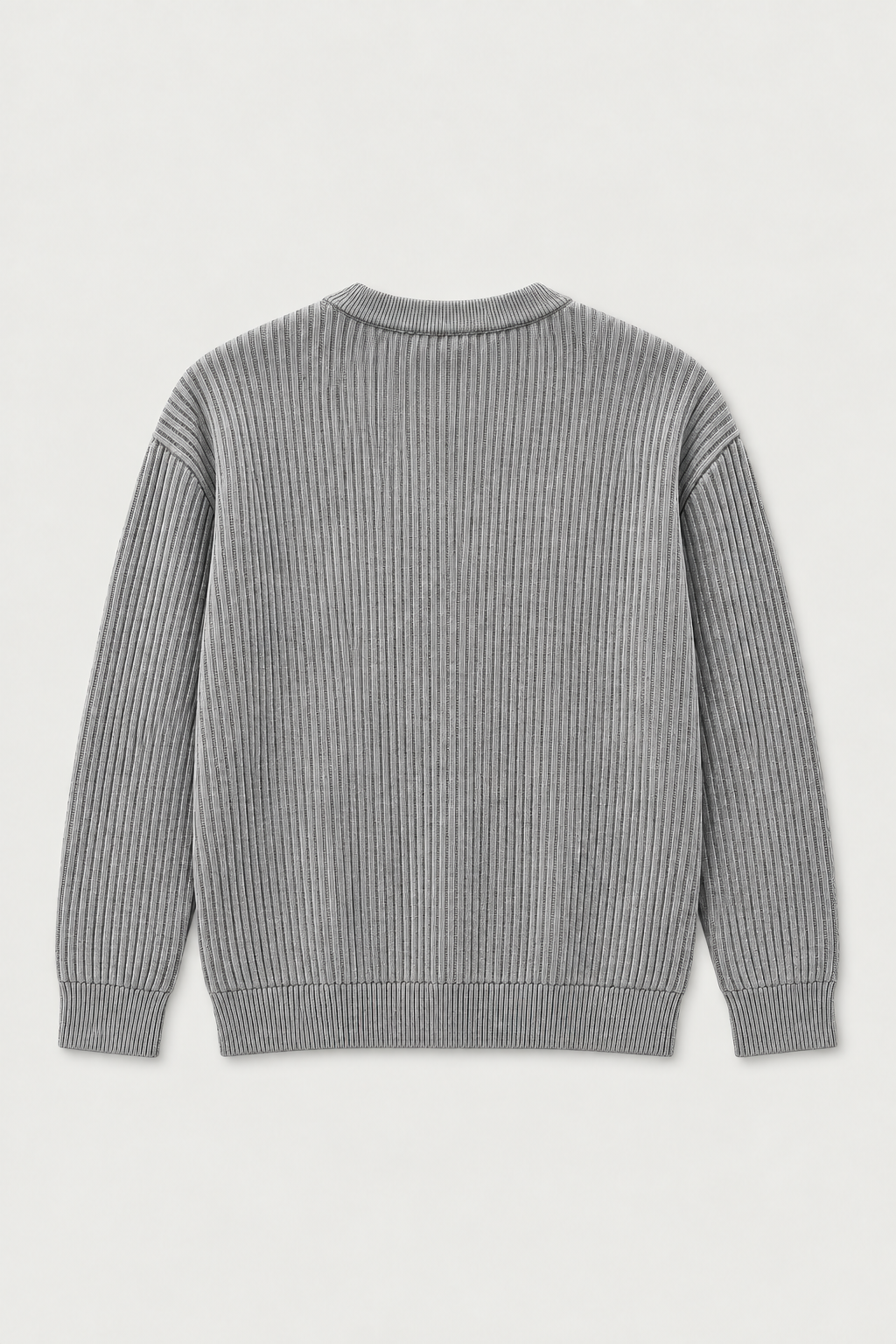 Pull col rond en maille côtelée gris, vue de dos