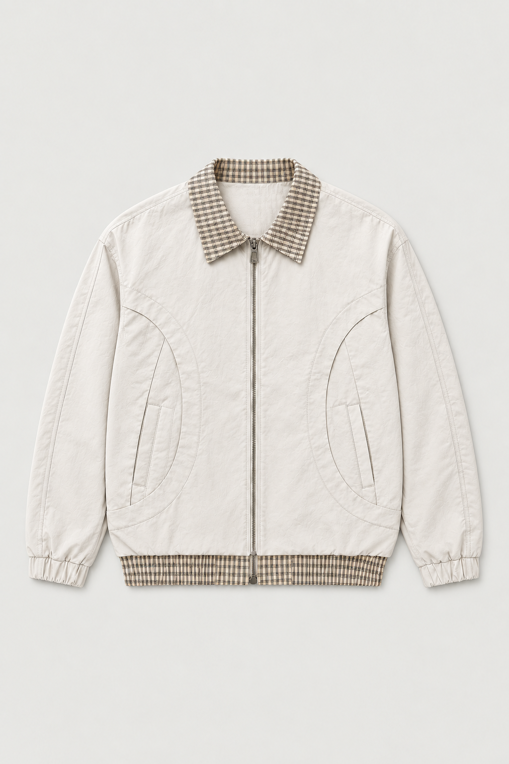 Blouson zippé col à carreaux blanc cassé – vue de face