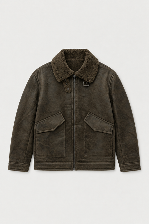 Blouson aviateur effet cuir kaki foncé, vue de face